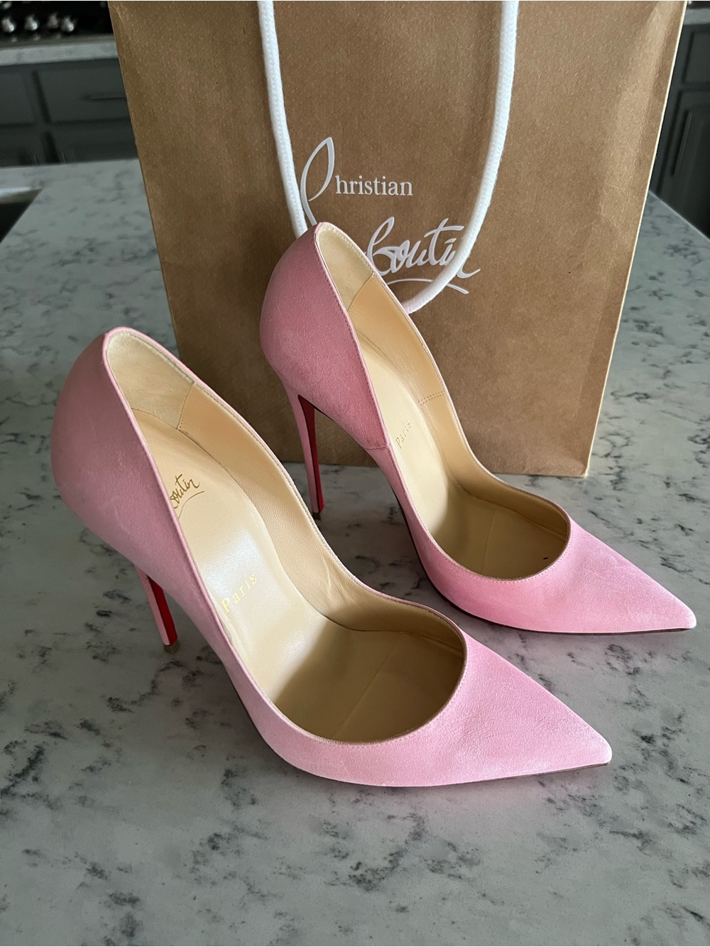 Christian Louboutin So Kate Pink Suede Pointed Stiletto Pumps with Red Soles